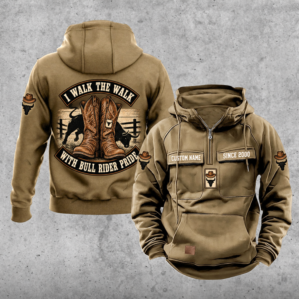 Bull Rider Walk the Walk Badge Vintage Hoodie in Kaki, front and back views with western boots, curved banners, sample text CUSTOM NAME and SINCE 2000, and a plain lower pouch with a small brown label.