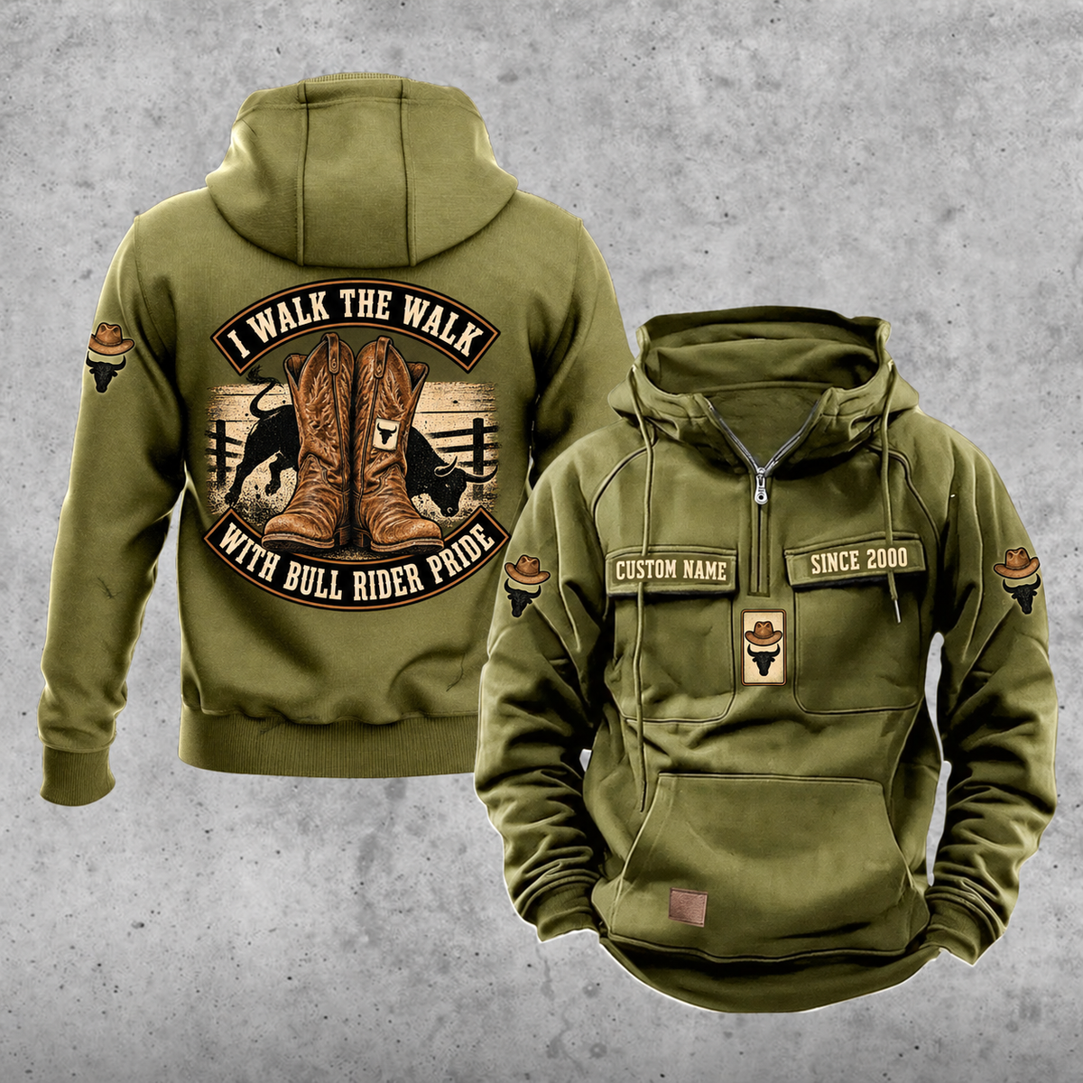 Bull Rider Walk the Walk Badge Vintage Hoodie in Military Green, front and back views with western boots, curved banners, sample text CUSTOM NAME and SINCE 2000, and a plain lower pouch with a small brown label.