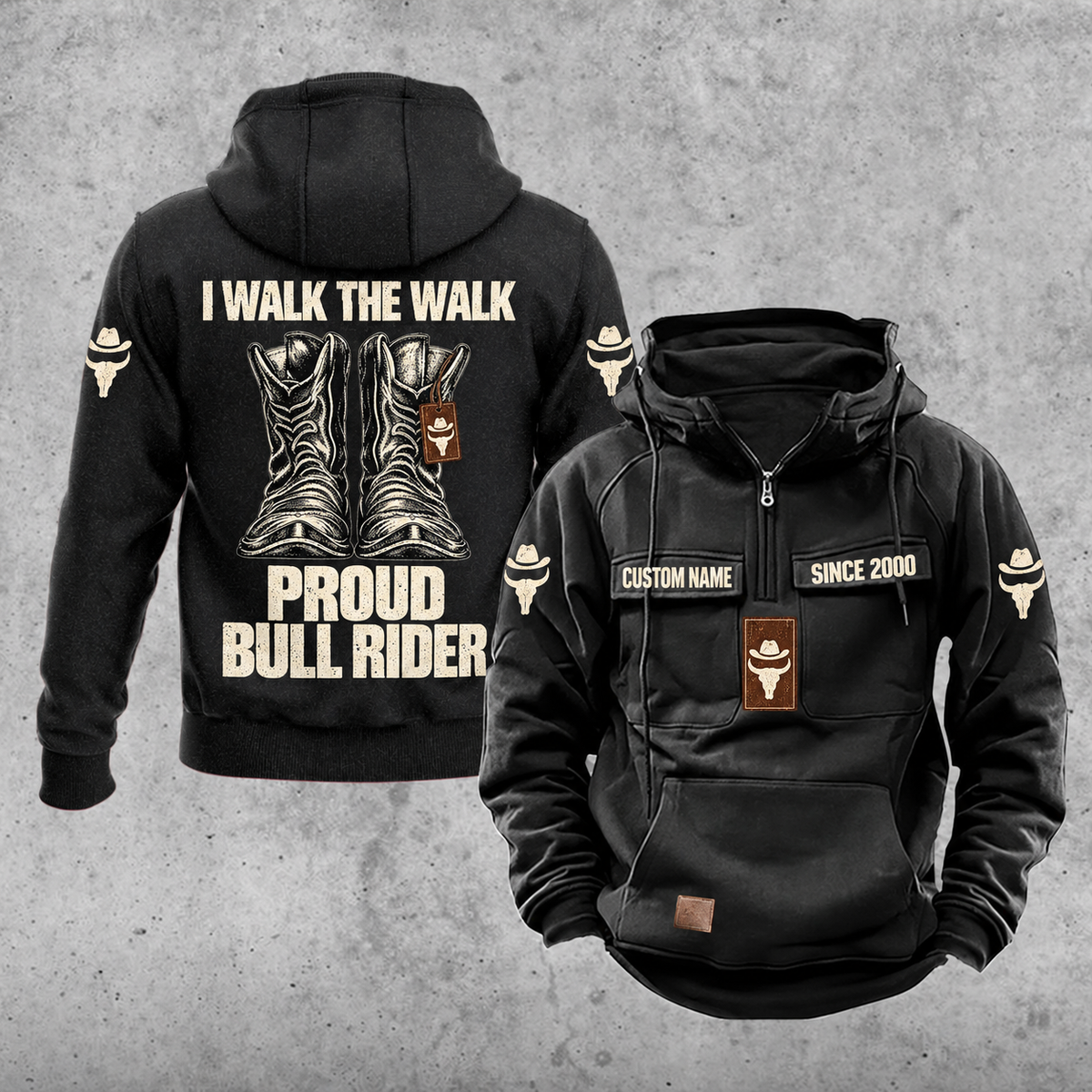 Bull Rider Proud Walk Vintage Hoodie in Black, front and back views with sample text CUSTOM NAME and SINCE 2000, western riding boot artwork, and I WALK THE WALK / PROUD / BULL RIDER lettering.