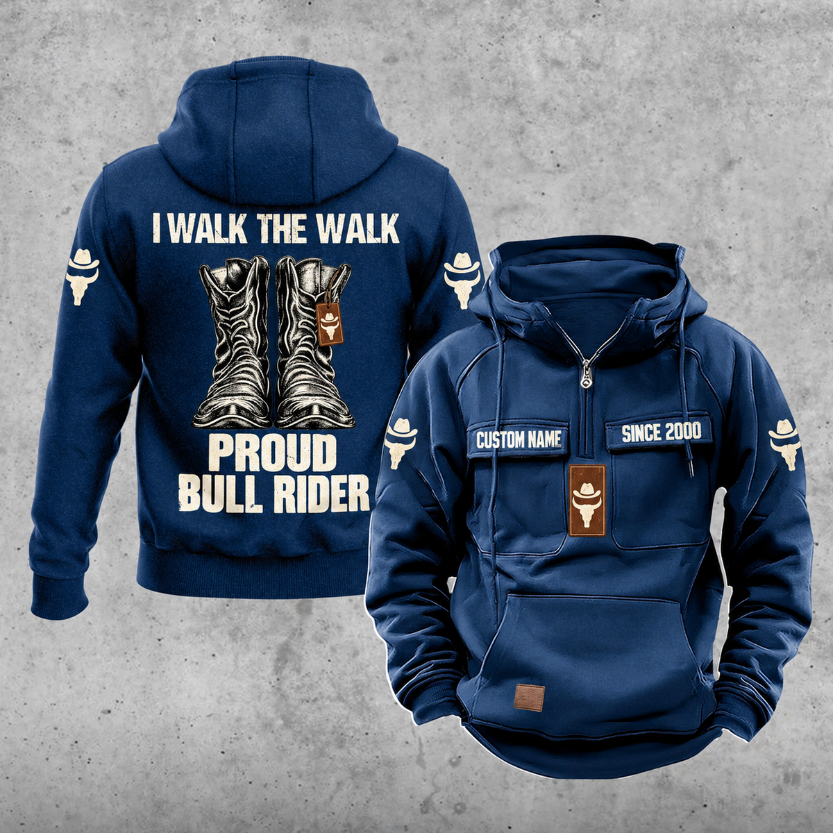 Bull Rider Proud Walk Vintage Hoodie in Dark Blue, front and back views with sample text CUSTOM NAME and SINCE 2000, western riding boot artwork, and I WALK THE WALK / PROUD / BULL RIDER lettering.