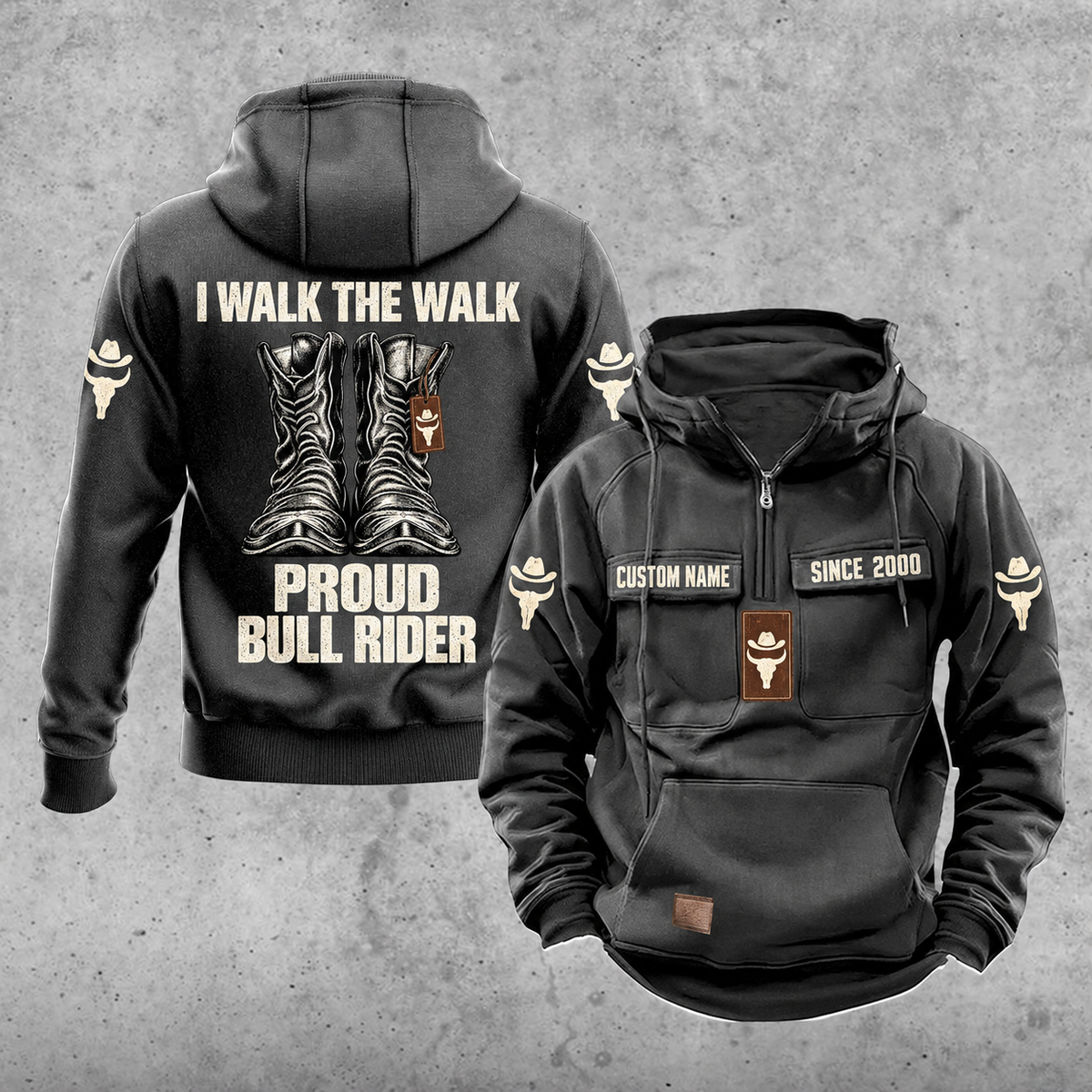 Bull Rider Proud Walk Vintage Hoodie in Dark Gray, front and back views with sample text CUSTOM NAME and SINCE 2000, western riding boot artwork, and I WALK THE WALK / PROUD / BULL RIDER lettering.