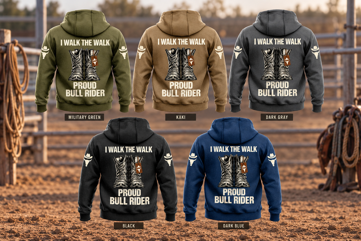 Bull Rider Proud Walk Vintage Hoodie collection in Military Green, Kaki, Dark Gray, Black and Dark Blue, shown as five complete back views with western boots and I WALK THE WALK / PROUD / BULL RIDER artwork against an empty rodeo arena fence.