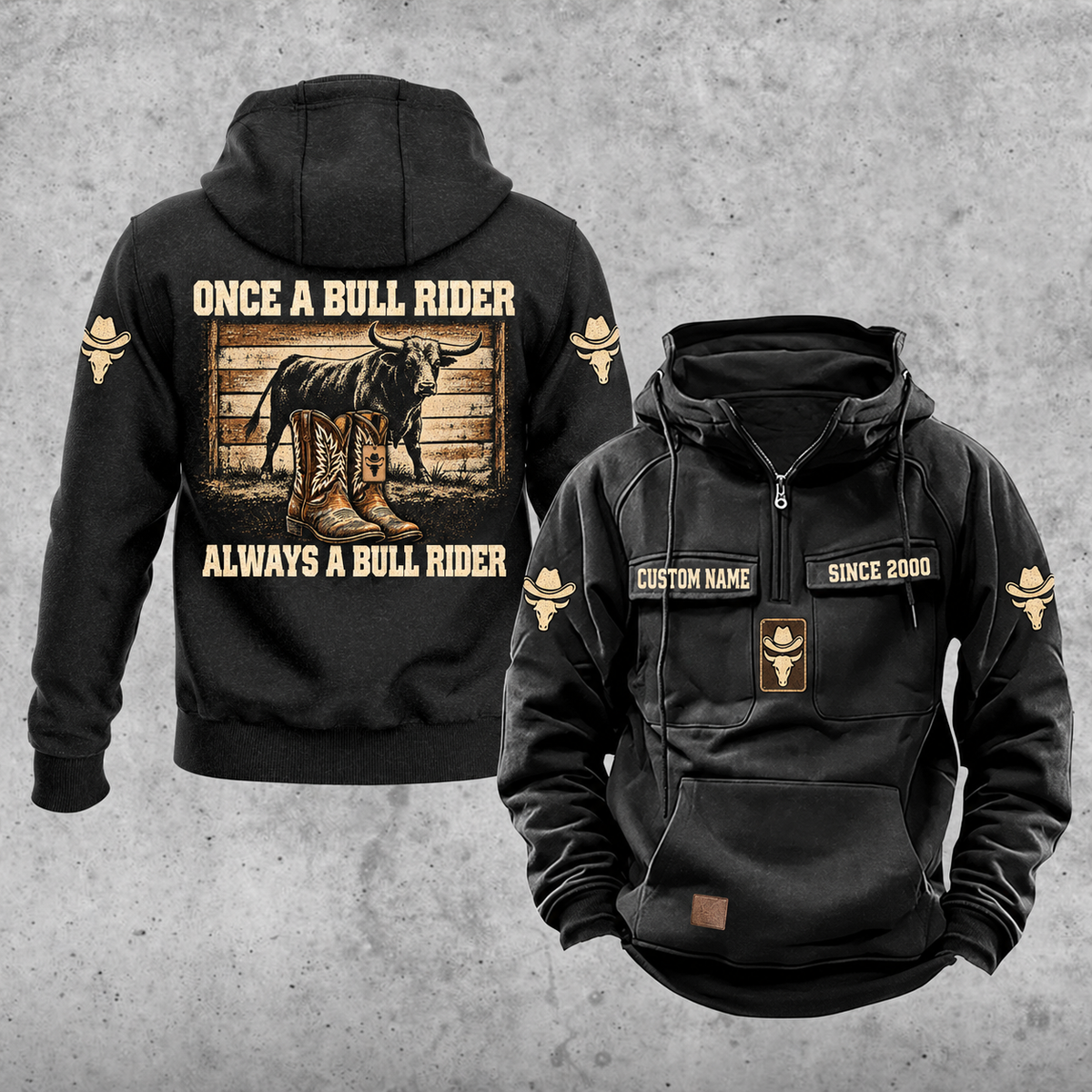 Bull Rider Once and Always Vintage Hoodie in Black, front and back views with sample text CUSTOM NAME and SINCE 2000.