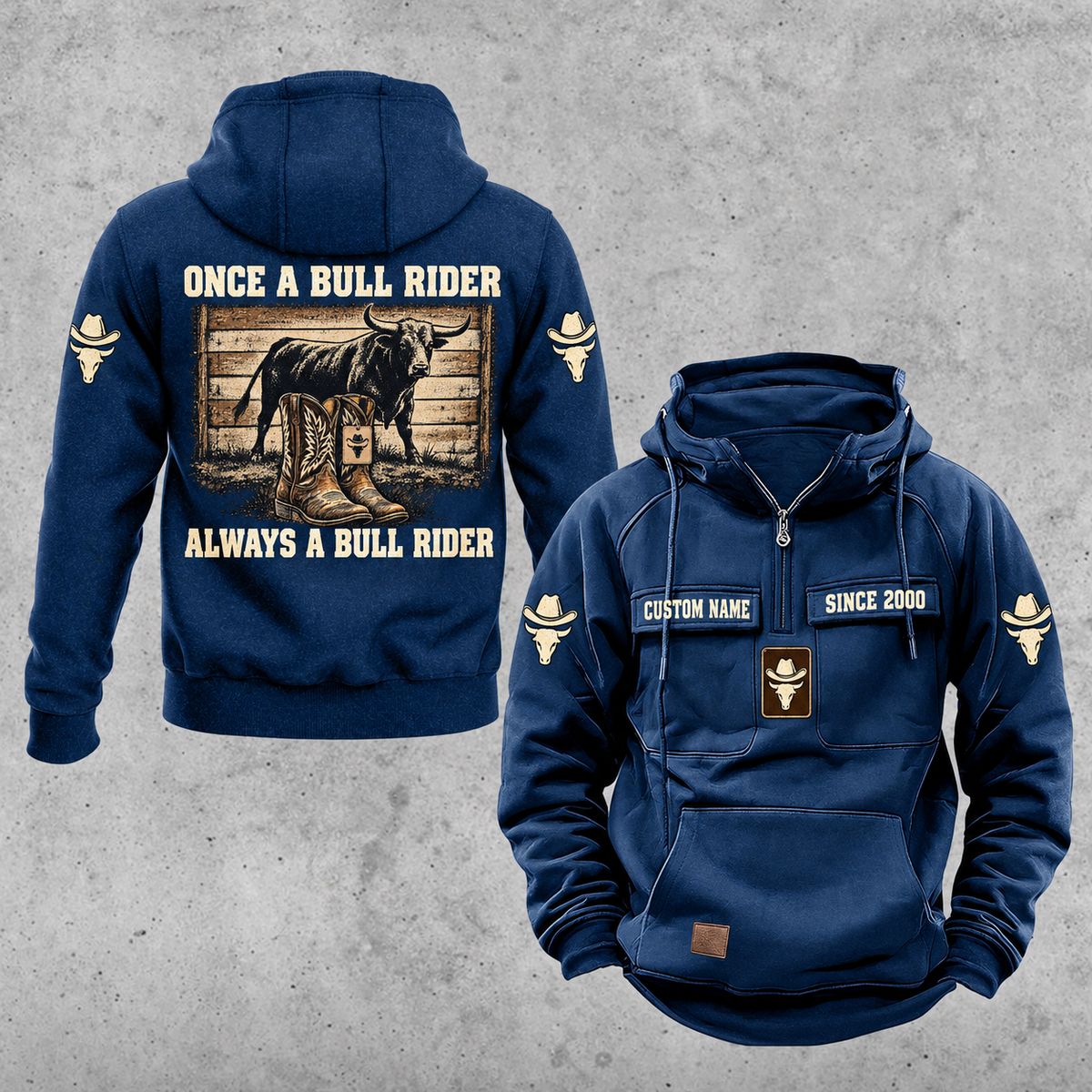 Bull Rider Once and Always Vintage Hoodie in Dark Blue, front and back views with sample text CUSTOM NAME and SINCE 2000.