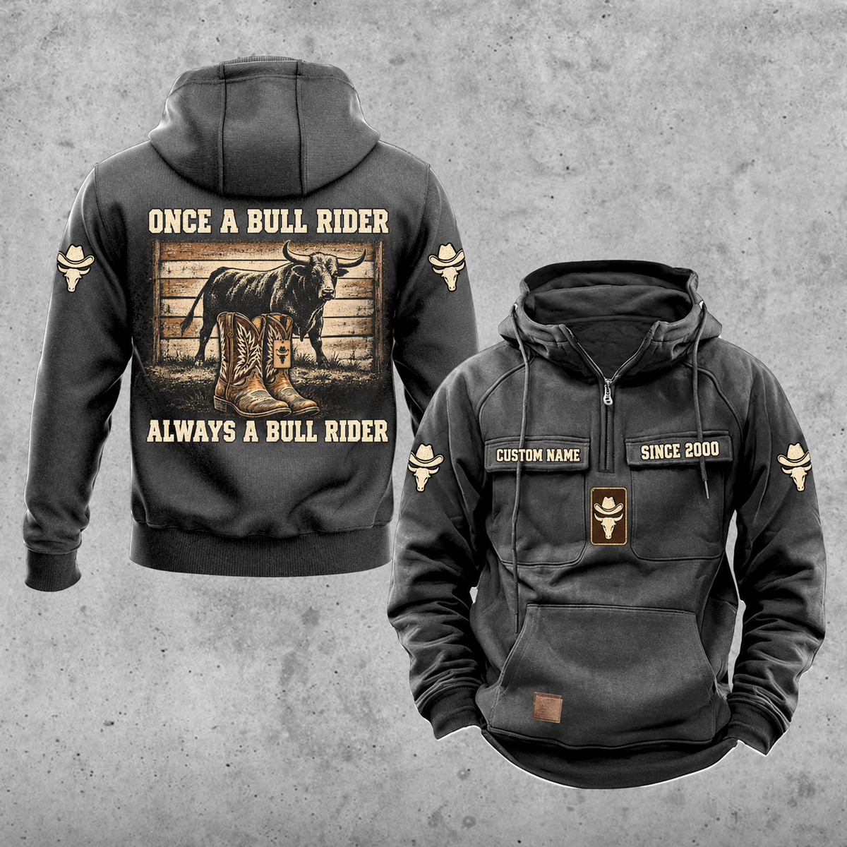 Bull Rider Once and Always Vintage Hoodie in Dark Gray, front and back views with sample text CUSTOM NAME and SINCE 2000.