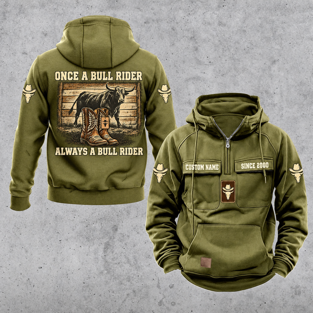 Bull Rider Once and Always Vintage Hoodie in Military Green, front and back views with sample text CUSTOM NAME and SINCE 2000.