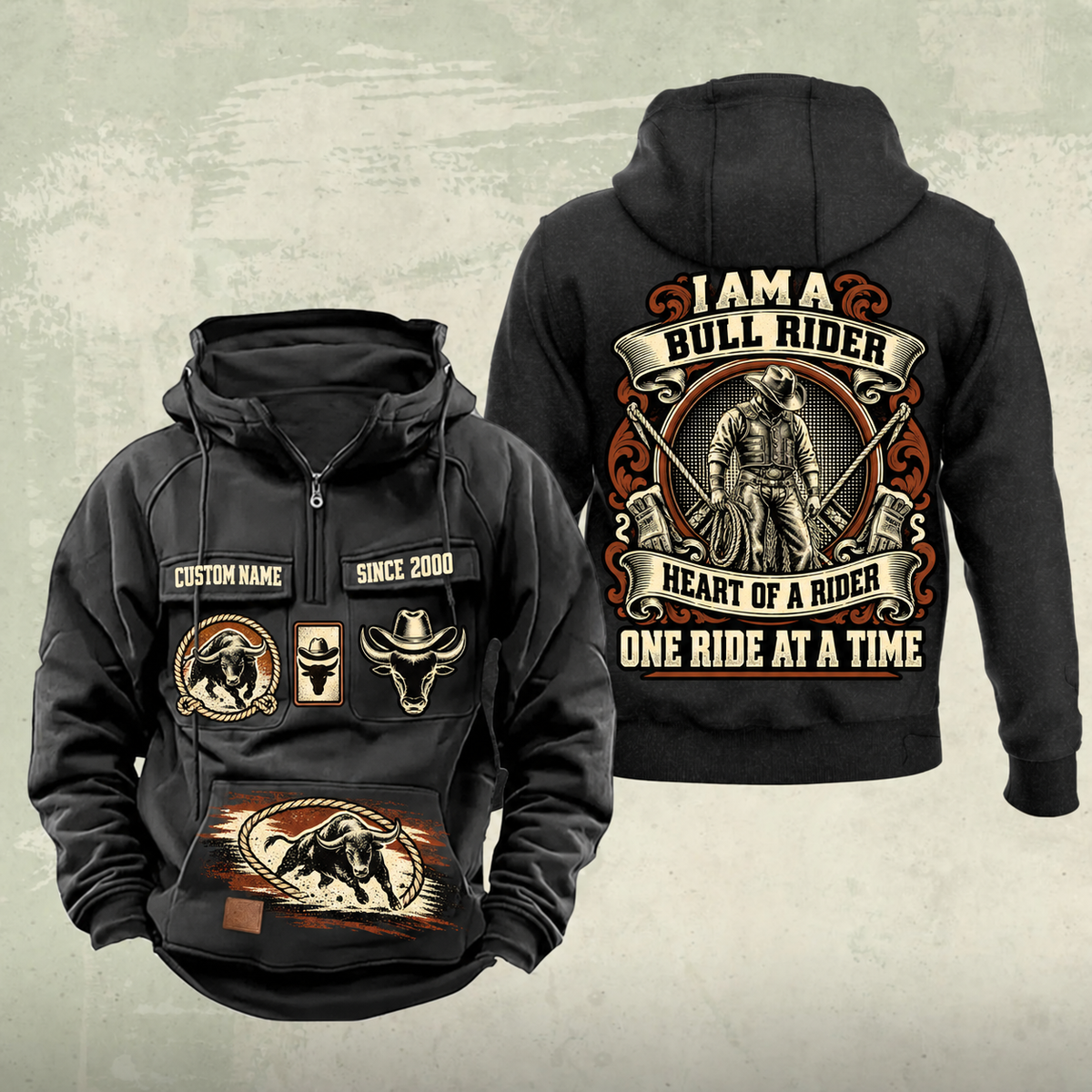 Bull Rider Heritage Crest Vintage Hoodie in Black, front and back views with ornate cowboy-and-rope crest, chest and lower-panel bull motifs, plain sleeves, and sample text CUSTOM NAME and SINCE 2000.