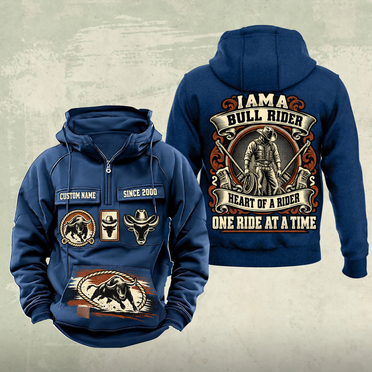 Bull Rider Heritage Crest Vintage Hoodie in Dark Blue, front and back views with ornate cowboy-and-rope crest, chest and lower-panel bull motifs, plain sleeves, and sample text CUSTOM NAME and SINCE 2000.