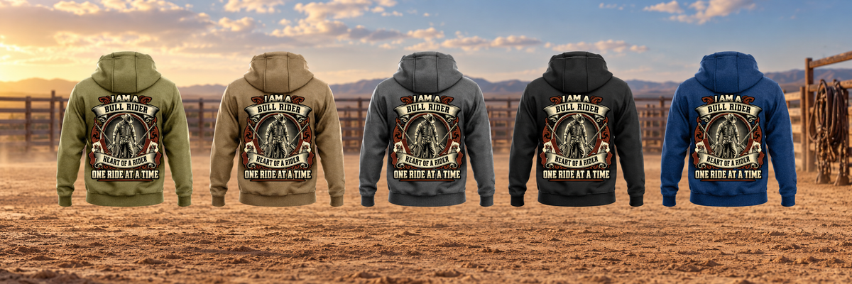 Bull Rider Heritage Crest Vintage Hoodie in Military Green, Kaki, Dark Gray, Black and Dark Blue, five complete back views with matching ornate bull-rider crests beside an empty rodeo arena fence.