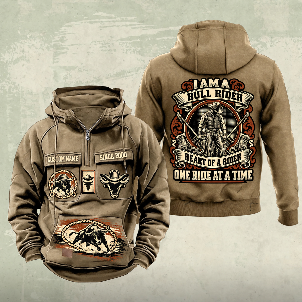 Bull Rider Heritage Crest Vintage Hoodie in Kaki, front and back views with ornate cowboy-and-rope crest, chest and lower-panel bull motifs, plain sleeves, and sample text CUSTOM NAME and SINCE 2000.
