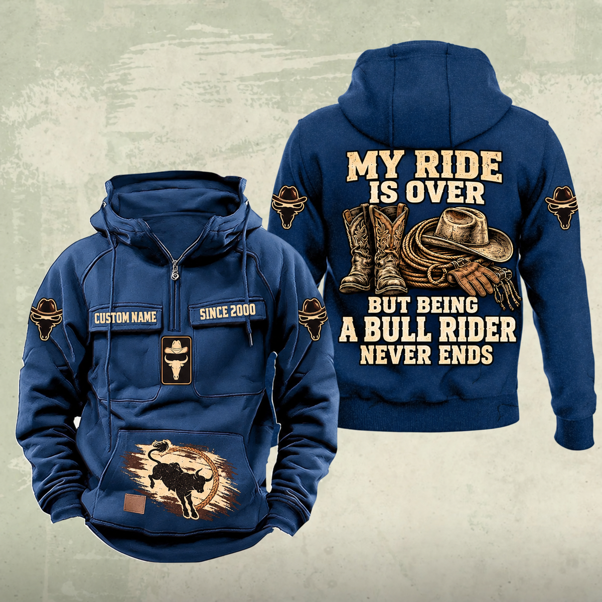 Bull Rider Never Ends Vintage Hoodie in Dark Blue, front and back views with sample text CUSTOM NAME and SINCE 2000.