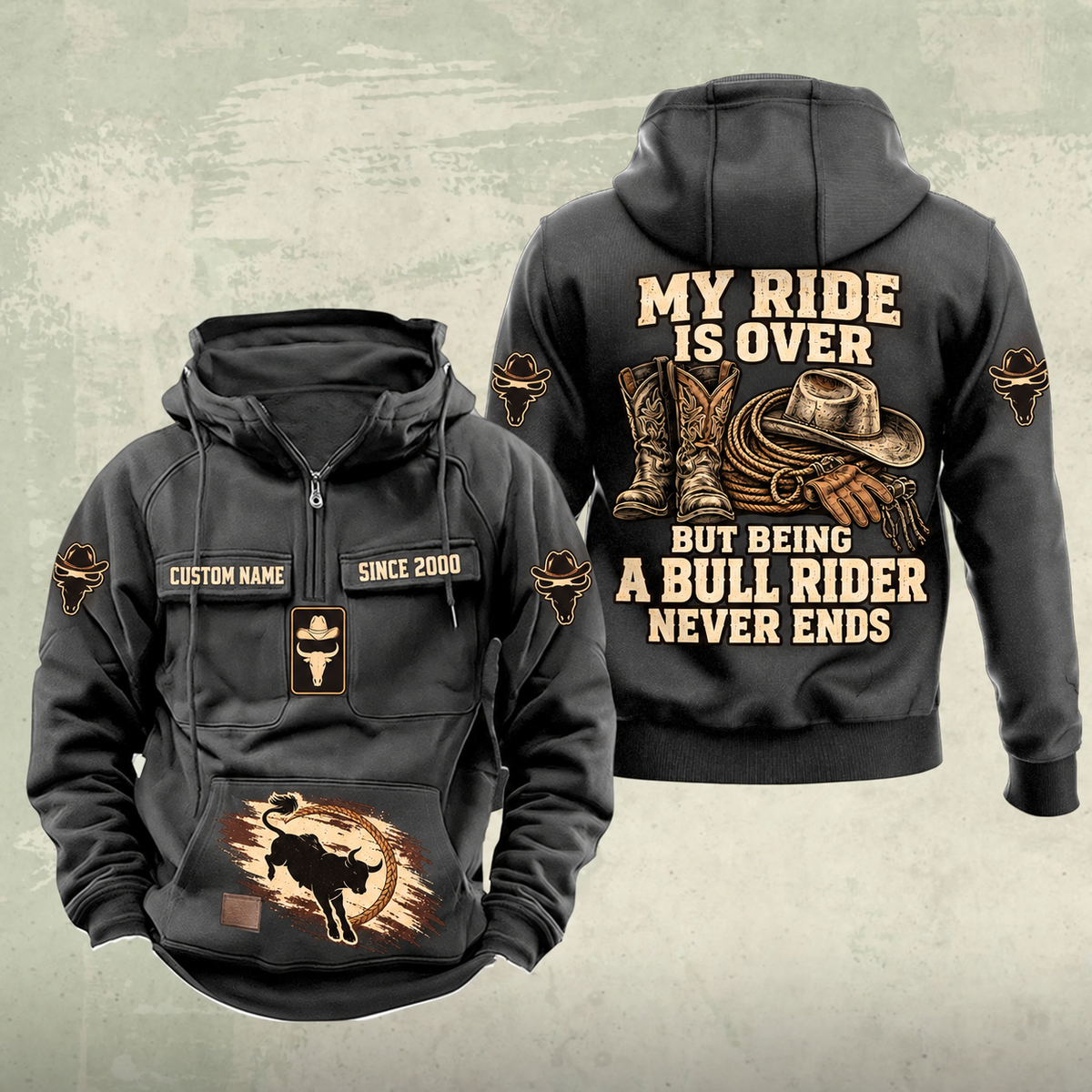 Bull Rider Never Ends Vintage Hoodie in Dark Gray, front and back views with sample text CUSTOM NAME and SINCE 2000.