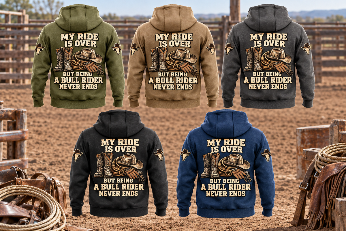 Bull Rider Never Ends Vintage Hoodie in Military Green, Kaki, Dark Gray, Black and Dark Blue, showing five complete back views with western boots and riding gear artwork at an empty rodeo arena.