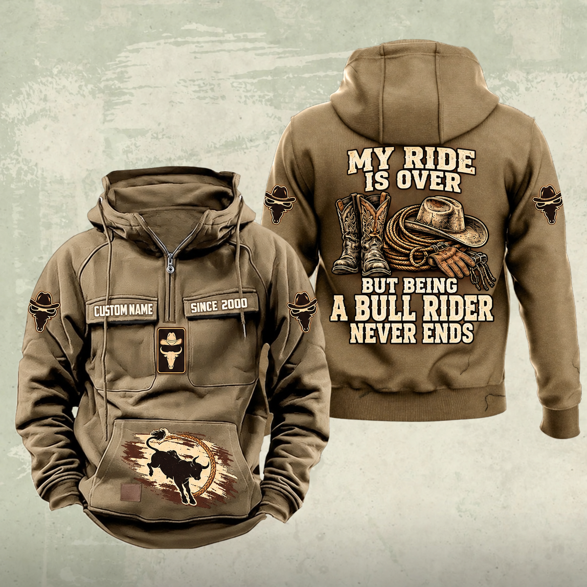 Bull Rider Never Ends Vintage Hoodie in Kaki, front and back views with sample text CUSTOM NAME and SINCE 2000.