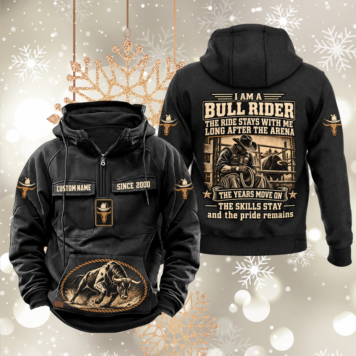 Bull Rider Skills and Pride Vintage Hoodie in Black, front and back views with sample chest text CUSTOM NAME and SINCE 2000, hat-and-bull sleeve symbols, rope-bordered bull pouch motif and rider portrait statement on the back.