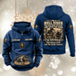 Bull Rider Skills and Pride Vintage Hoodie in Dark Blue, front and back views with sample chest text CUSTOM NAME and SINCE 2000, hat-and-bull sleeve symbols, rope-bordered bull pouch motif and rider portrait statement on the back.
