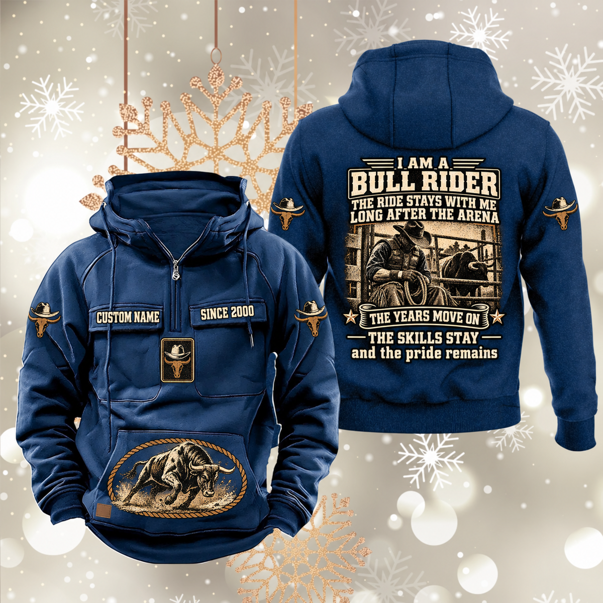 Bull Rider Skills and Pride Vintage Hoodie in Dark Blue, front and back views with sample chest text CUSTOM NAME and SINCE 2000, hat-and-bull sleeve symbols, rope-bordered bull pouch motif and rider portrait statement on the back.