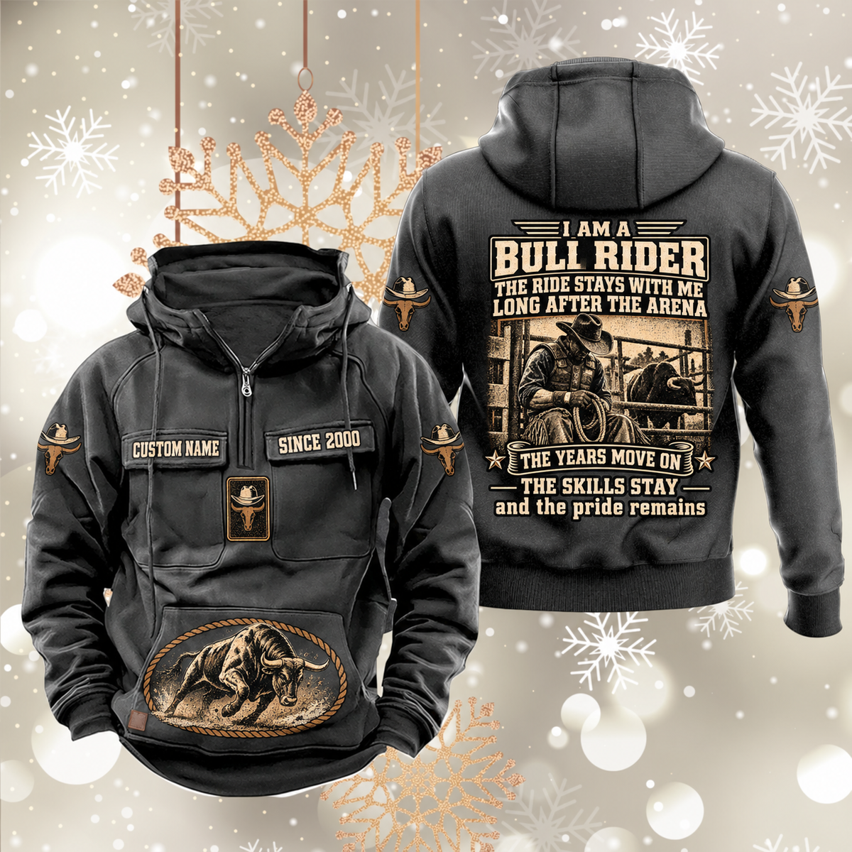 Bull Rider Skills and Pride Vintage Hoodie in Dark Gray, front and back views with sample chest text CUSTOM NAME and SINCE 2000, hat-and-bull sleeve symbols, rope-bordered bull pouch motif and rider portrait statement on the back.