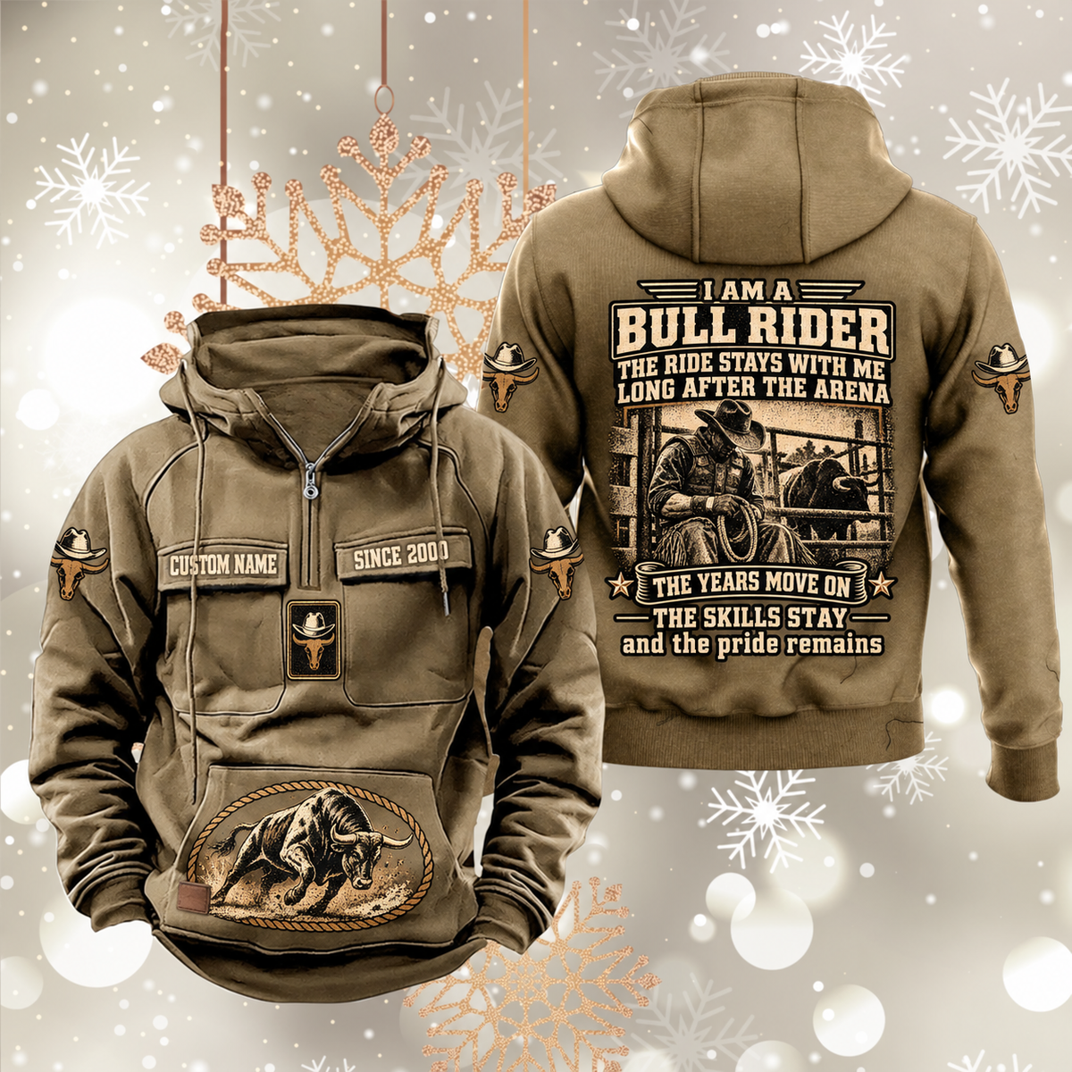 Bull Rider Skills and Pride Vintage Hoodie in Kaki, front and back views with sample chest text CUSTOM NAME and SINCE 2000, hat-and-bull sleeve symbols, rope-bordered bull pouch motif and rider portrait statement on the back.