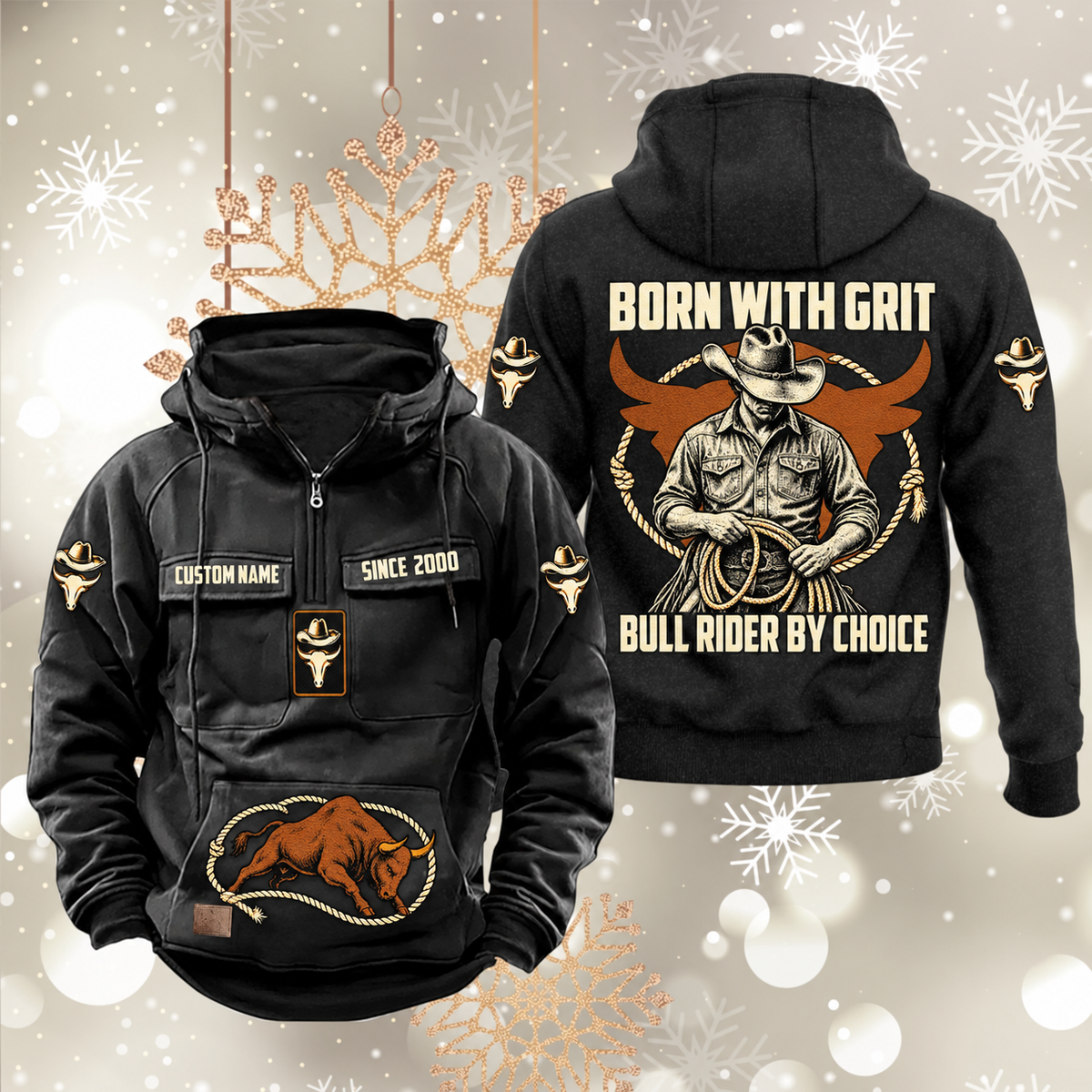 Bull Rider By Choice Vintage Hoodie in Black, front and back views with sample text CUSTOM NAME and SINCE 2000, cowboy-and-rope back artwork, hat-and-bull sleeve symbols and lower-front bull motif.