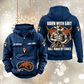 Bull Rider By Choice Vintage Hoodie in Dark Blue, front and back views with sample text CUSTOM NAME and SINCE 2000, cowboy-and-rope back artwork, hat-and-bull sleeve symbols and lower-front bull motif.