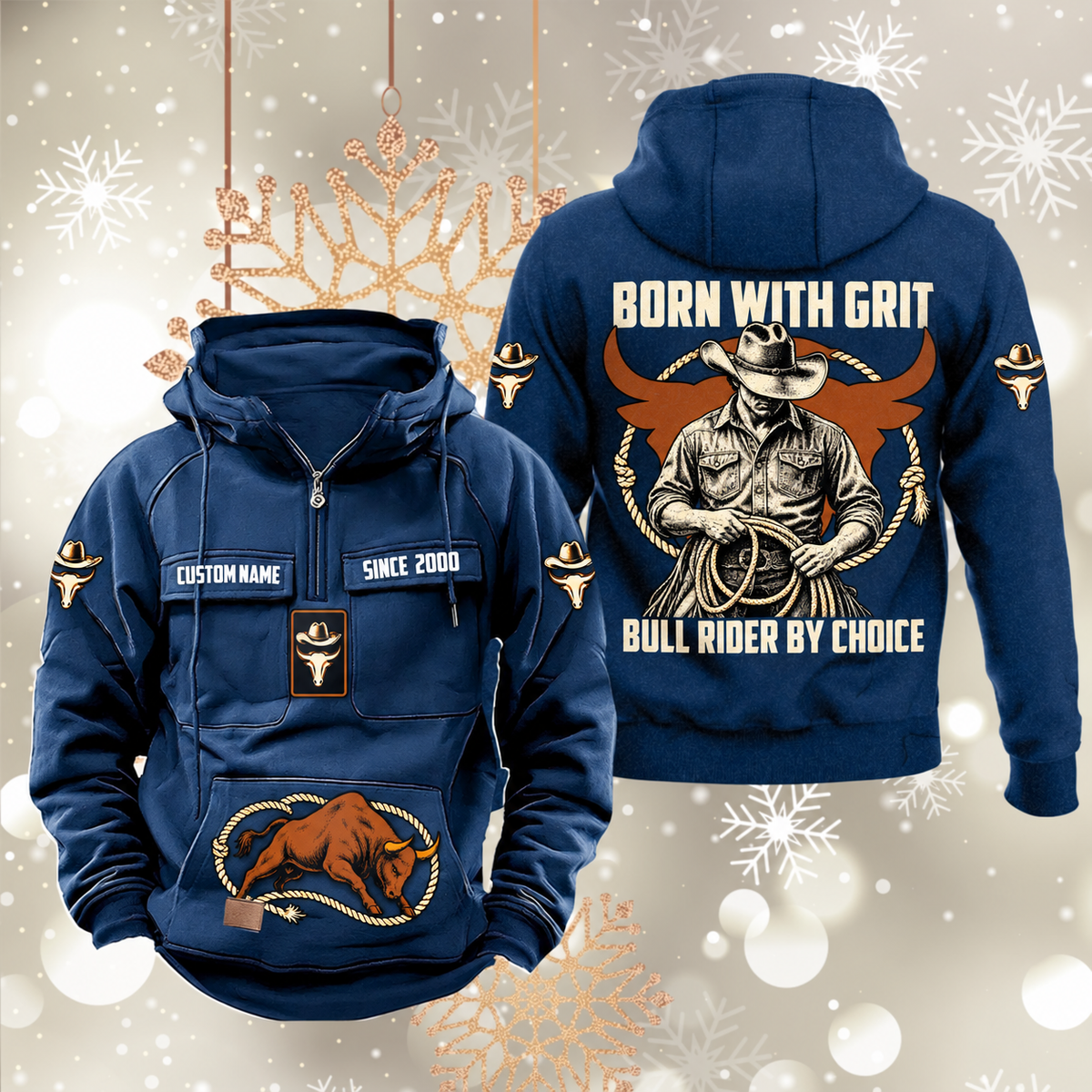 Bull Rider By Choice Vintage Hoodie in Dark Blue, front and back views with sample text CUSTOM NAME and SINCE 2000, cowboy-and-rope back artwork, hat-and-bull sleeve symbols and lower-front bull motif.