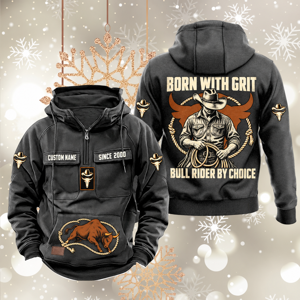 Bull Rider By Choice Vintage Hoodie in Dark Gray, front and back views with sample text CUSTOM NAME and SINCE 2000, cowboy-and-rope back artwork, hat-and-bull sleeve symbols and lower-front bull motif.