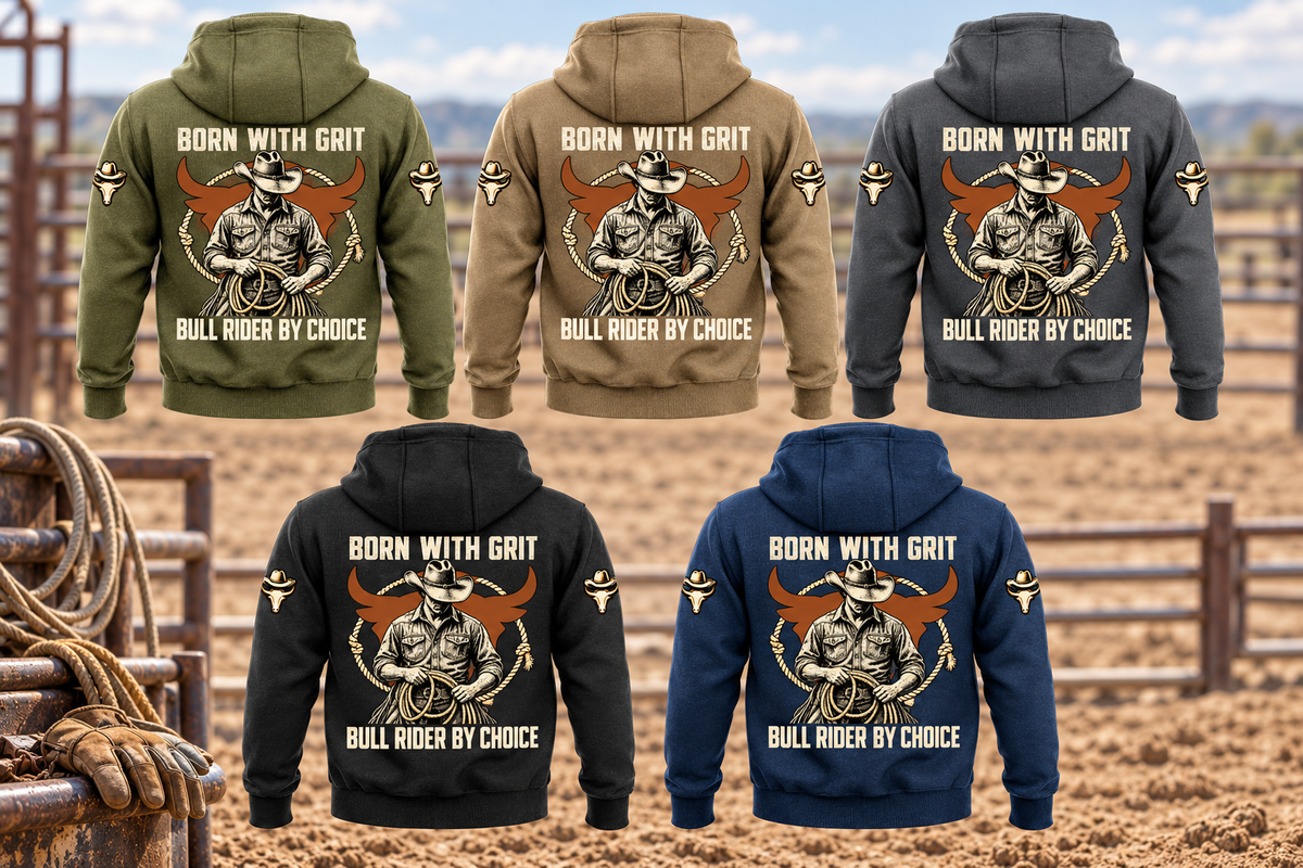 Five complete separated back views of the Bull Rider By Choice Vintage Hoodie in Military Green, Kaki, Dark Gray, Black and Dark Blue, against an empty rodeo arena fence with coiled rope and riding gloves.
