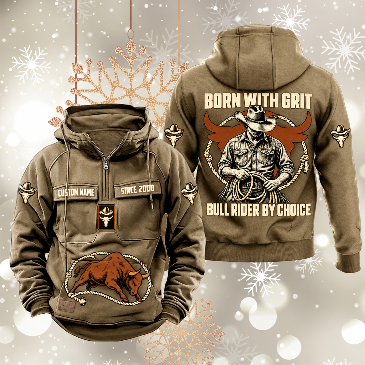 Bull Rider By Choice Vintage Hoodie in Kaki, front and back views with sample text CUSTOM NAME and SINCE 2000, cowboy-and-rope back artwork, hat-and-bull sleeve symbols and lower-front bull motif.