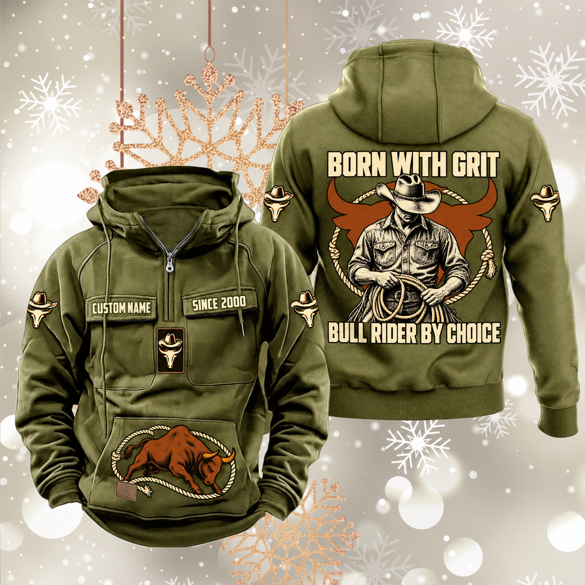 Bull Rider By Choice Vintage Hoodie in Military Green, front and back views with sample text CUSTOM NAME and SINCE 2000, cowboy-and-rope back artwork, hat-and-bull sleeve symbols and lower-front bull motif.