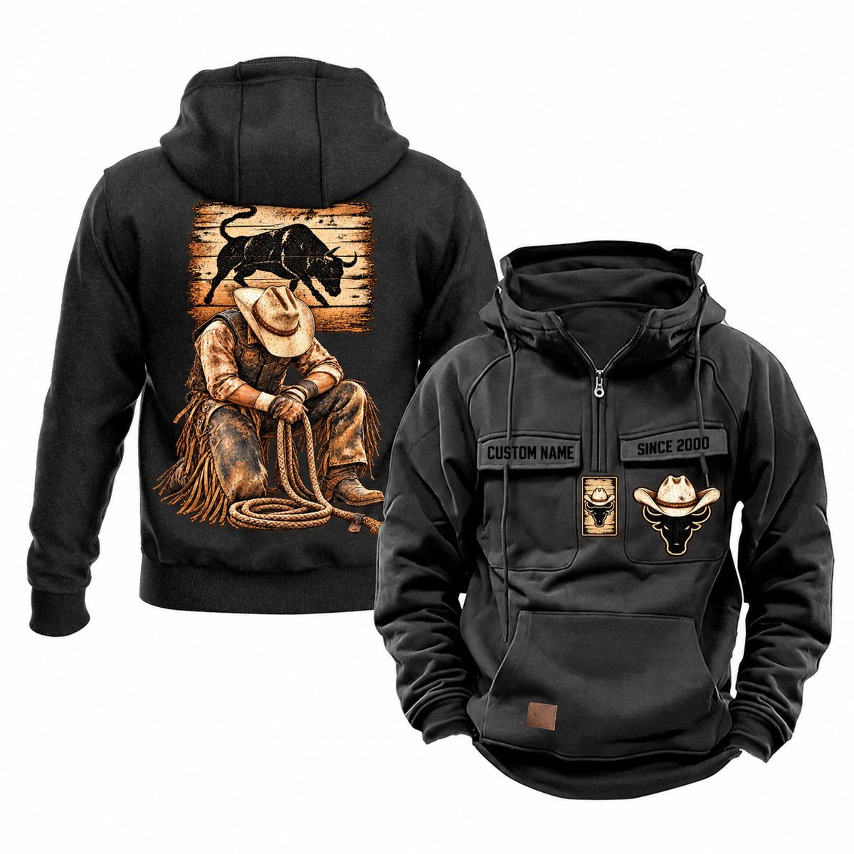 Bull Rider Ready Every Day Portrait Vintage Hoodie in Black, front and back views with sample text CUSTOM NAME and SINCE 2000, compact upper bull panel and larger kneeling rider illustration.