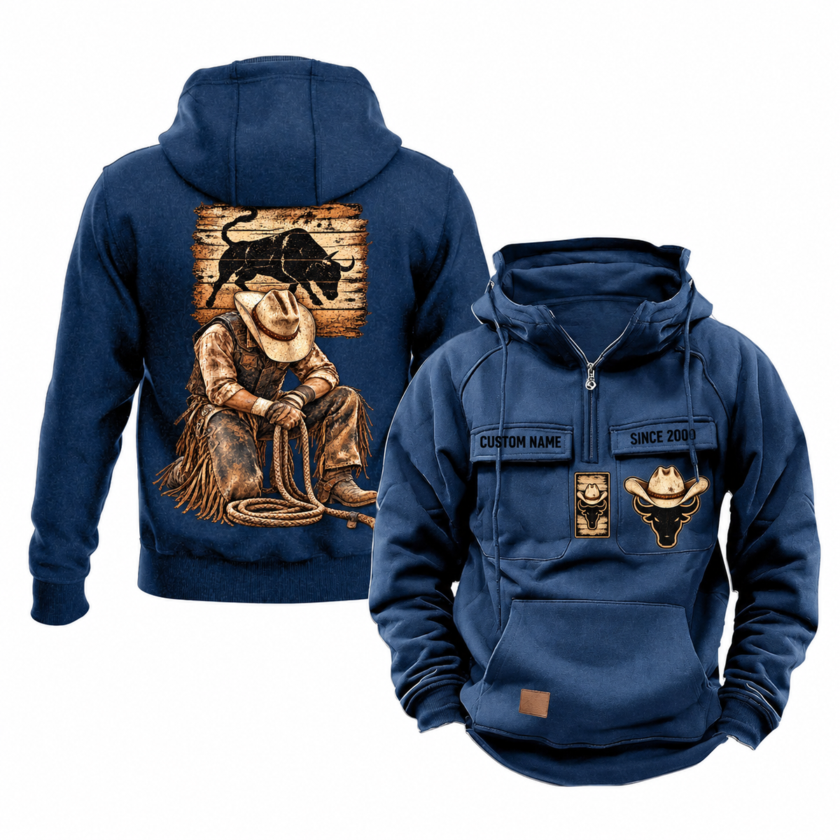 Bull Rider Ready Every Day Portrait Vintage Hoodie in Dark Blue, front and back views with sample text CUSTOM NAME and SINCE 2000, compact upper bull panel and larger kneeling rider illustration.