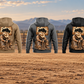 Five Bull Rider Ready Every Day Portrait Vintage Hoodie back views in Military Green, Kaki, Dark Gray, Black and Dark Blue, with matching bull and kneeling rider artwork, arranged separately in an empty rodeo arena.