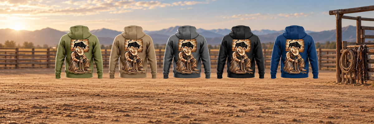 Five Bull Rider Ready Every Day Portrait Vintage Hoodie back views in Military Green, Kaki, Dark Gray, Black and Dark Blue, with matching bull and kneeling rider artwork, arranged separately in an empty rodeo arena.