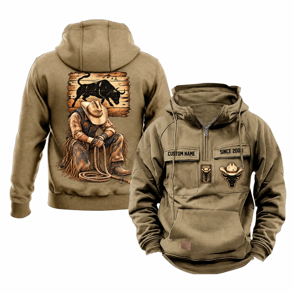 Bull Rider Ready Every Day Portrait Vintage Hoodie in Kaki, front and back views with sample text CUSTOM NAME and SINCE 2000, compact upper bull panel and larger kneeling rider illustration.