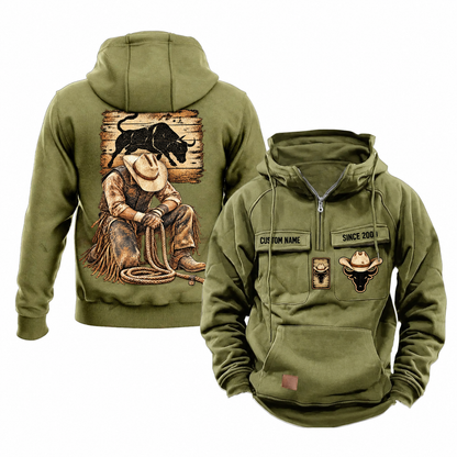 Bull Rider Ready Every Day Portrait Vintage Hoodie in Military Green, front and back views with sample text CUSTOM NAME and SINCE 2000, compact upper bull panel and larger kneeling rider illustration.