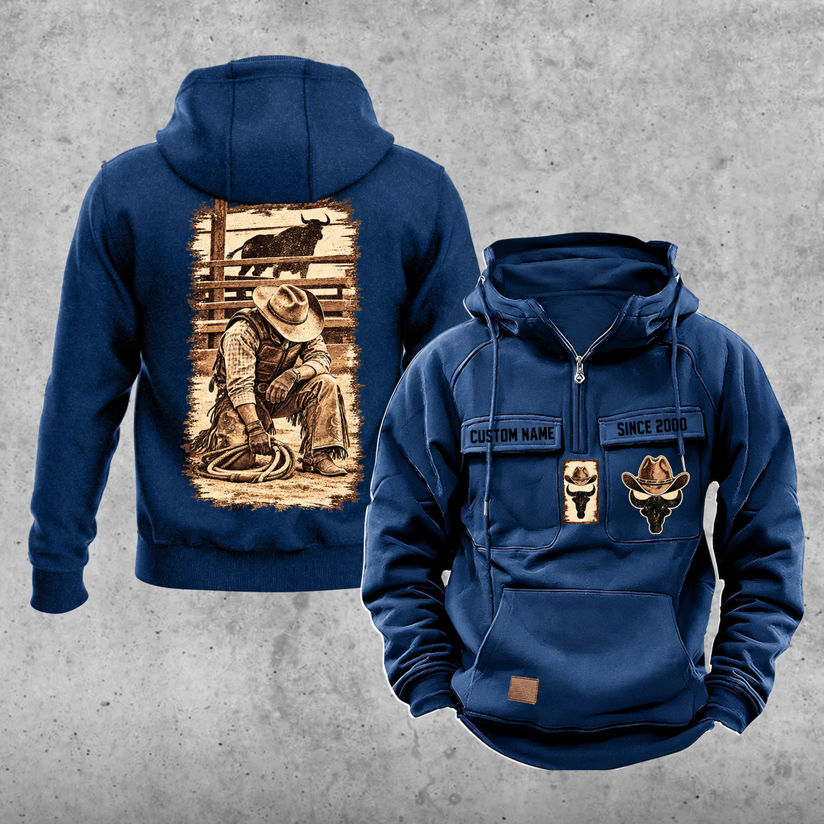 Bull Rider Workday Portrait Vintage Hoodie in Dark Blue, front and back views with sample text CUSTOM NAME and SINCE 2000.