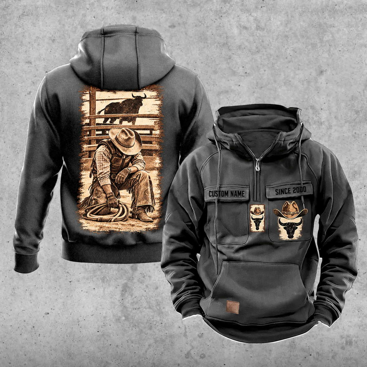 Bull Rider Workday Portrait Vintage Hoodie in Dark Gray, front and back views with sample text CUSTOM NAME and SINCE 2000.