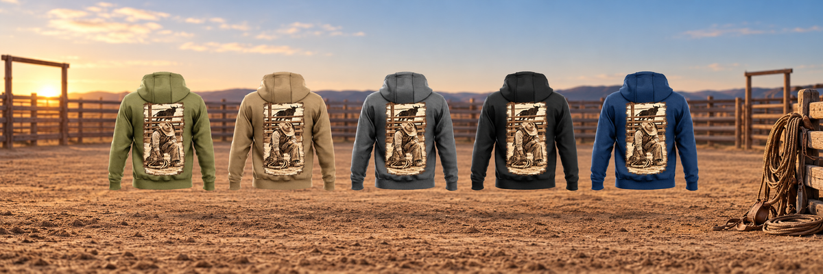 Five Bull Rider Workday Portrait Vintage Hoodie back views in Military Green, Kaki, Dark Gray, Black and Dark Blue, with kneeling rider artwork in an empty rodeo arena setting.