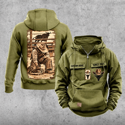 Bull Rider Workday Portrait Vintage Hoodie in Military Green, front and back views with sample text CUSTOM NAME and SINCE 2000.
