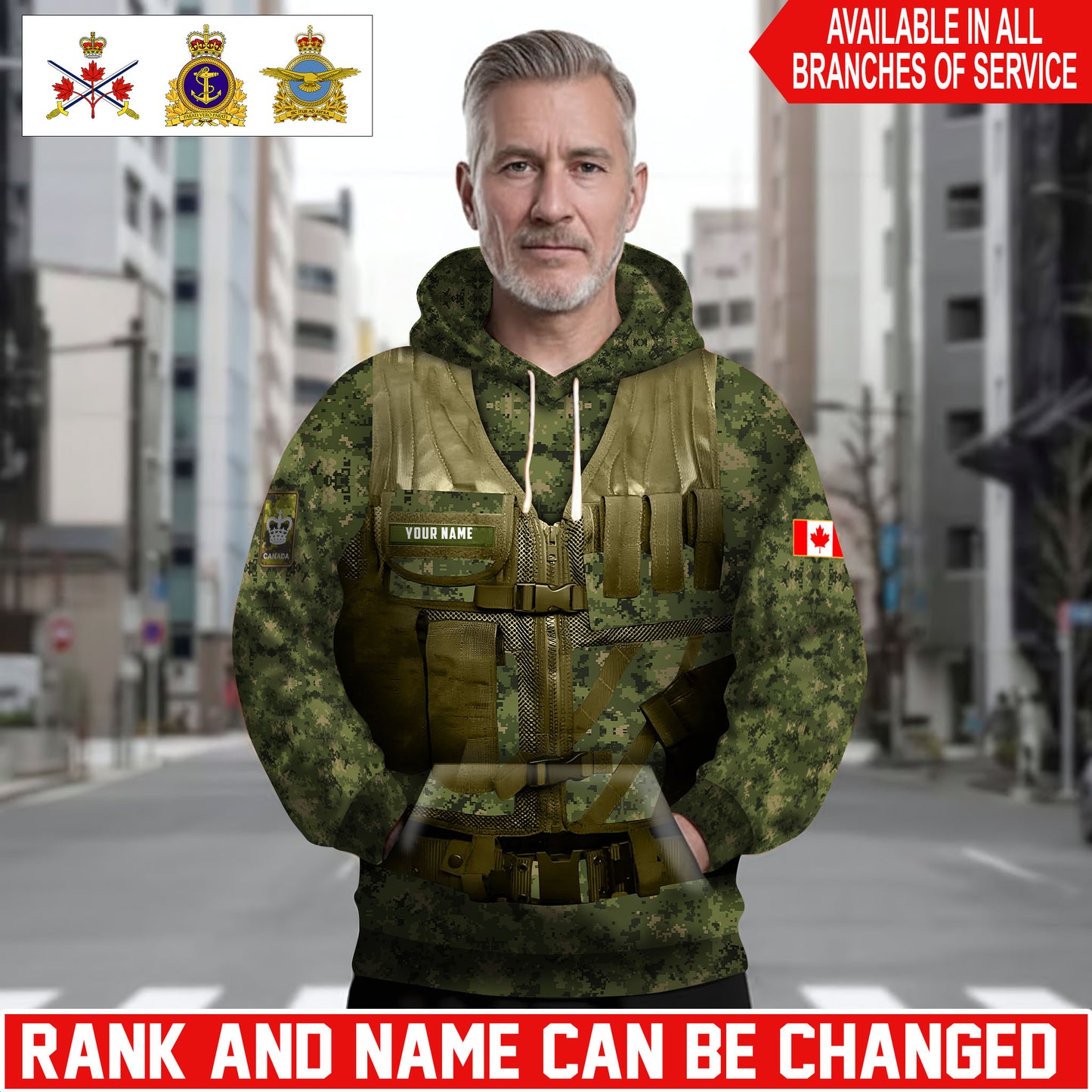 Personalized Canada Soldier/Veteran Camo with Name and Rank Hoodie Sweater All Over Printed - 17625600