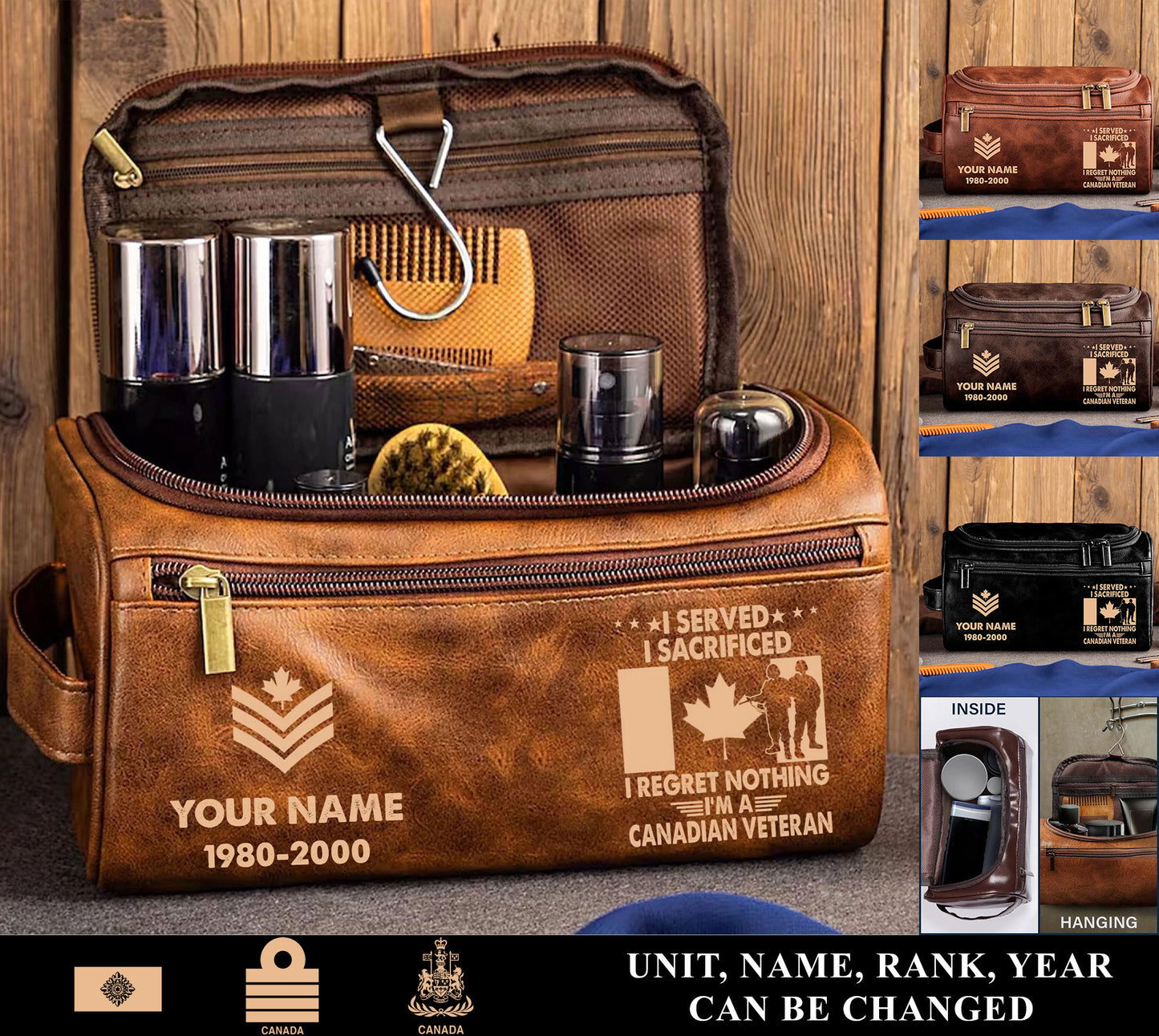 Personalized Canada Soldier/ Veteran With Name And Rank Leather Toiletry Bag - 17591040