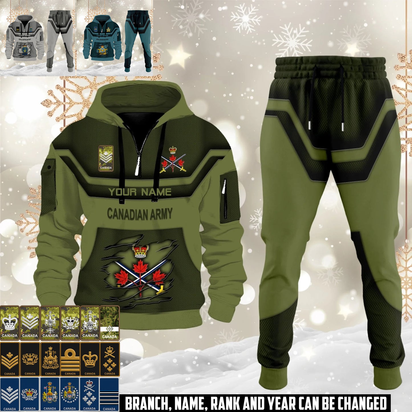 Canadian 3D Half Zip Hoodie + Jogger Combo – Personalized with Name & Rank - 17504640