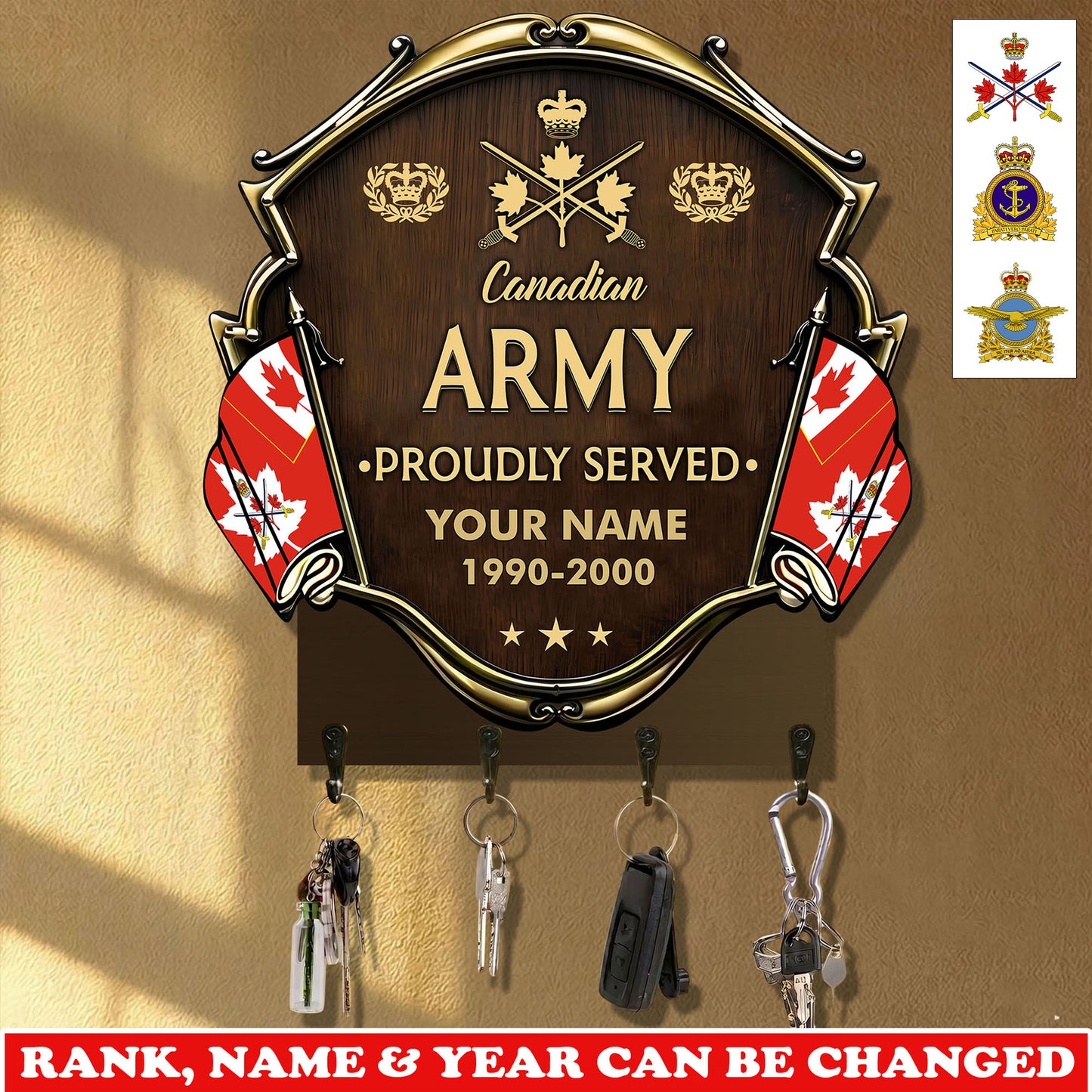Personalized Canada Veteran/ Soldier With Rank, Year And Name Wooden Key Holder - 17757792