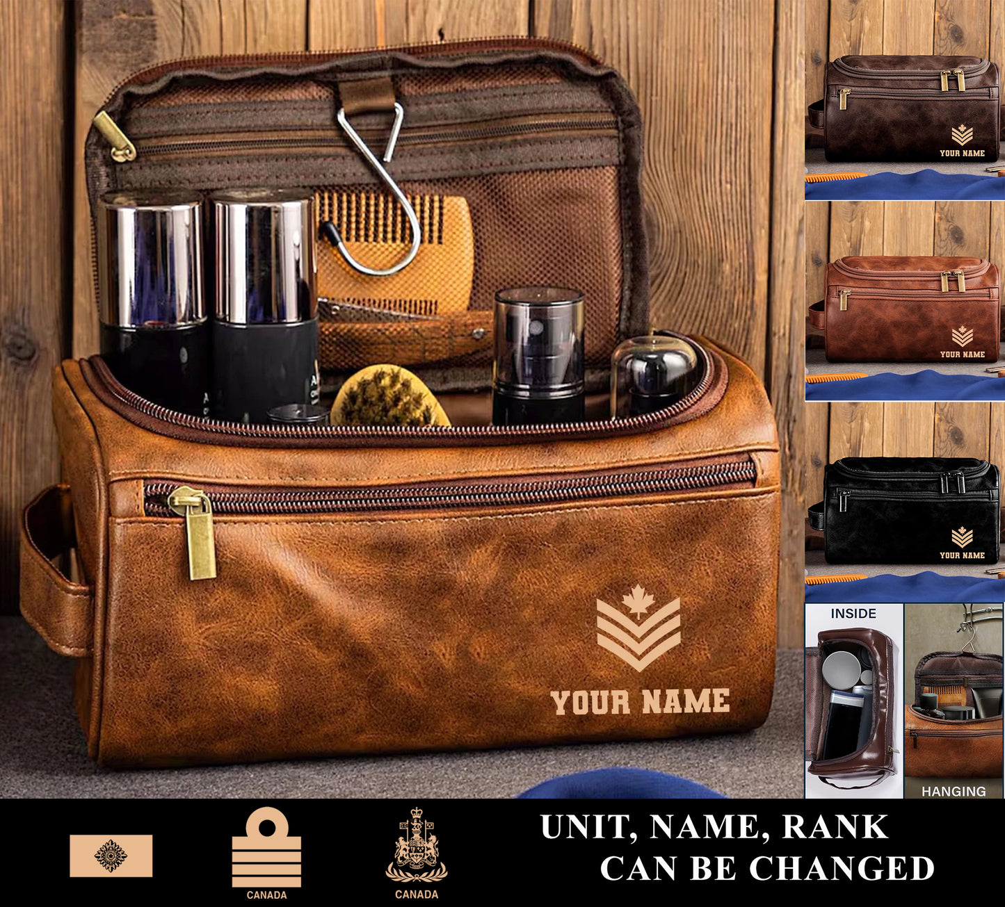 Personalized Canada Soldier/ Veteran With Name And Rank Leather Toiletry Bag - 17555616