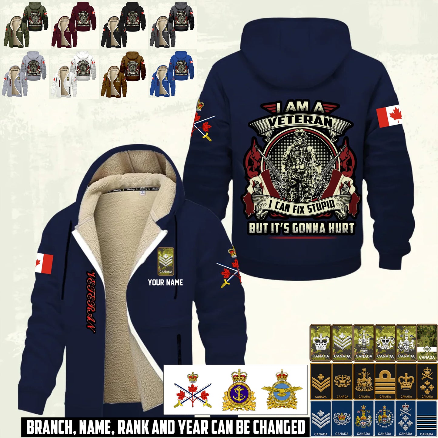 Personalized Canada Soldier/ Veteran With Name And Rank Hoodie Zip Velvet Coat - 17552160