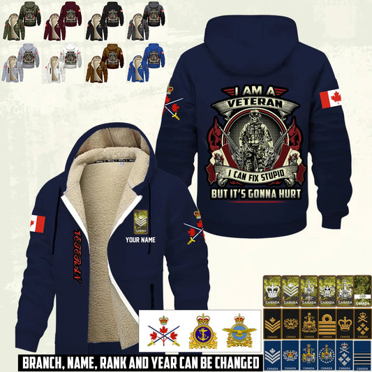 Personalized Canada Soldier/ Veteran With Name And Rank Hoodie Zip Velvet Coat - 17552160