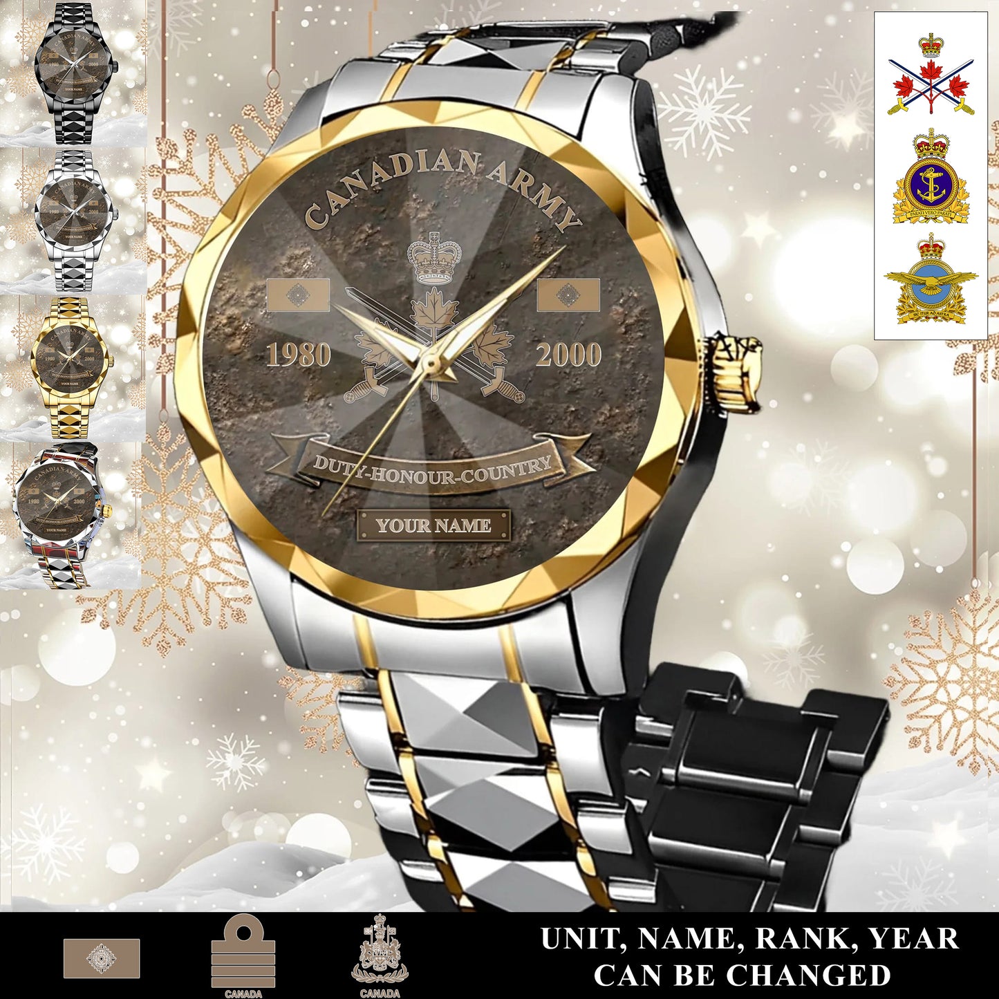 Personalized Canada Soldier/Veteran with Name, Year and Rank Diamond-Cut Bezel Watch - 17649792