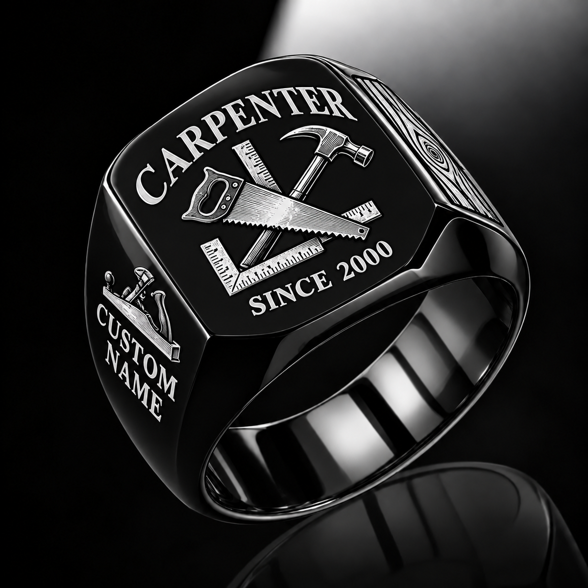 Carpenter Classic Emblem ring in Black, showing CUSTOM NAME and SINCE 2000
