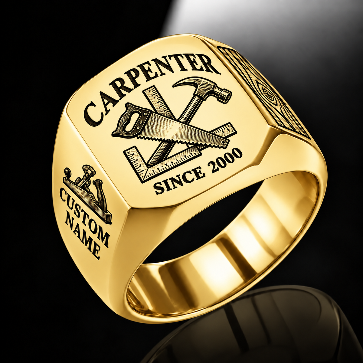 Carpenter Classic Emblem ring in Gold, showing CUSTOM NAME and SINCE 2000